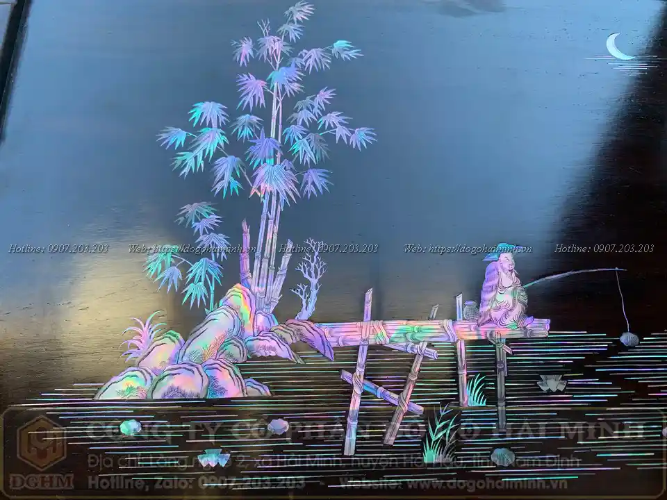 tranh lã vọng câu cá khảm ốc