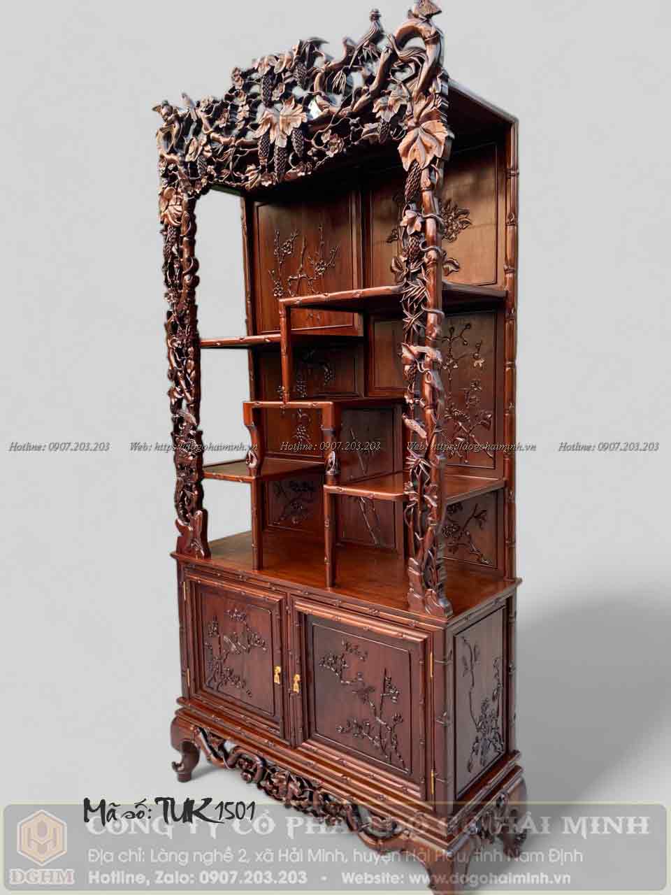 tủ bày đồ đục trúc mướp gỗ gụ 
