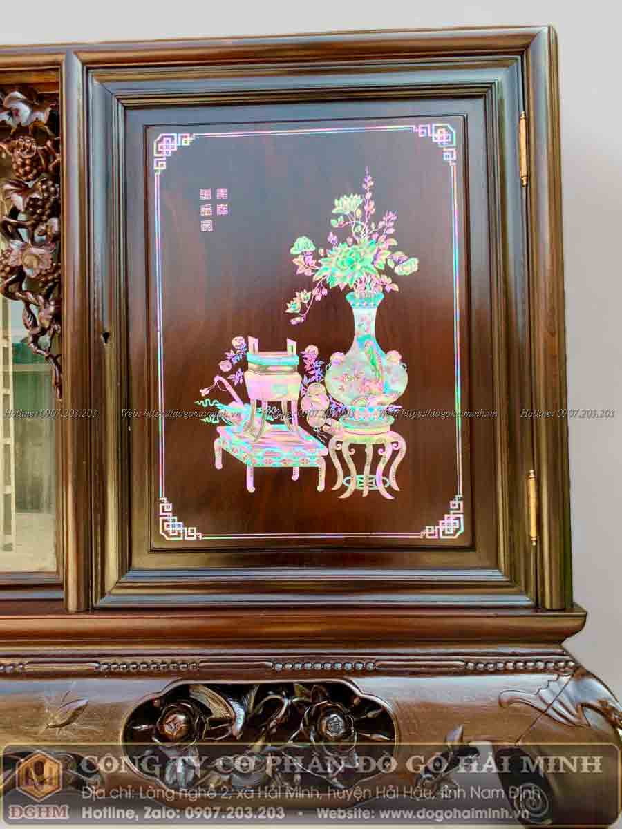 tủ chè gỗ gụ ta cánh phẳng khảm đông bích