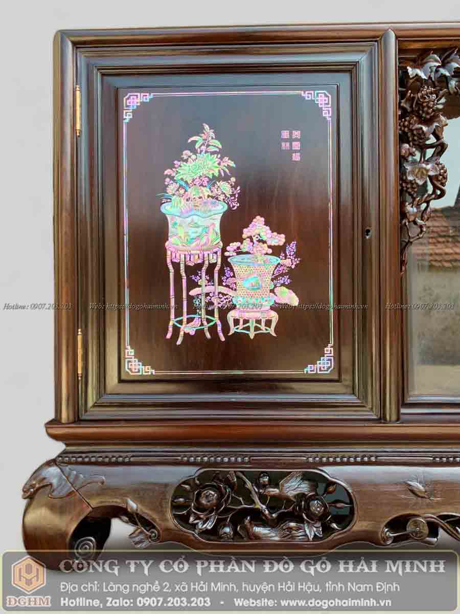 tủ chè khảm đông bích gỗ gụ ta cánh phẳng