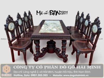 bộ bàn ăn cù lá 8 ghế mặt đá đẹp