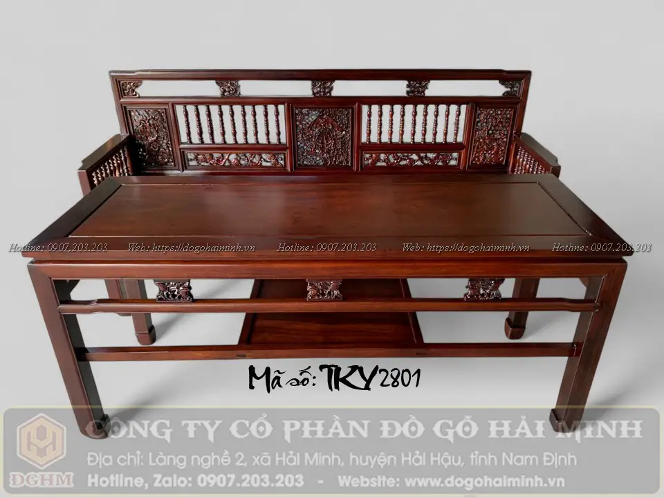 trường kỷ song tiện gỗ gụ bàn dài