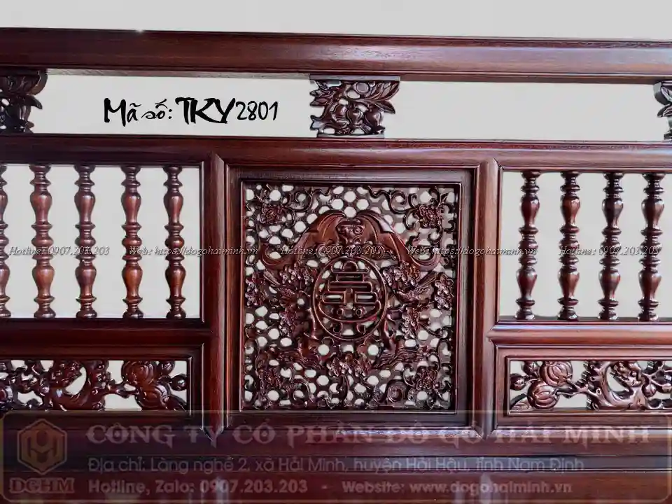 trường kỷ song tiện gỗ gụ đục dơi ngậm ngũ phúc