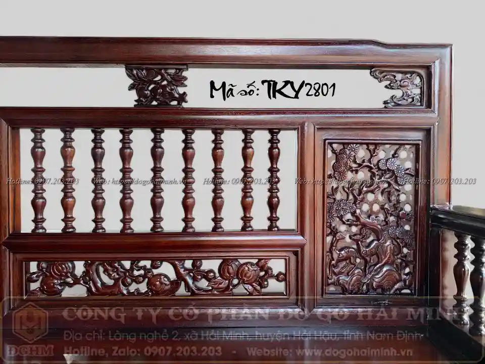 trường kỷ song tiện gỗ gụ đục tùng lộc