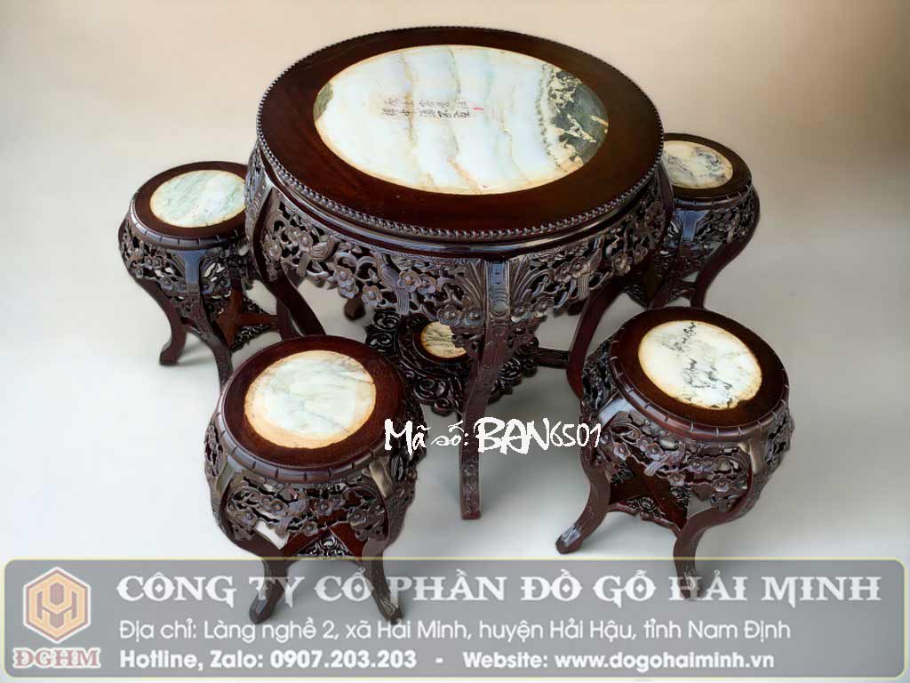 bộ bàn ghế kiểu đôn trống gỗ gụ đục hoa mai
