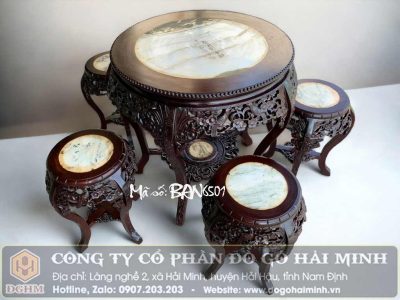 bàn ghế đôn trống đục hoa mai gỗ gụ