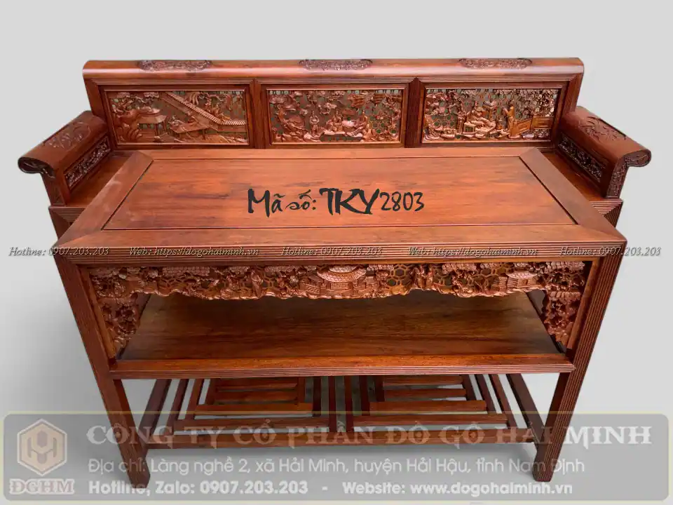 bàn ghế trường kỷ đục tích tam quốc