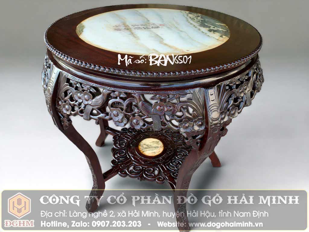 bàn tròn đục hoa mai mặt đá tự nhiên