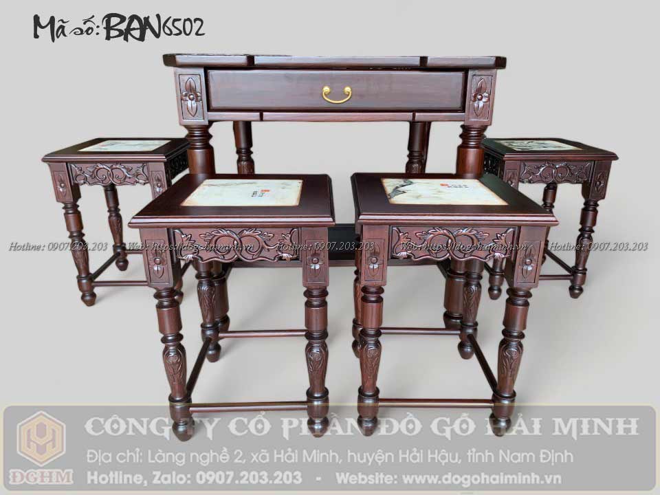 bộ bàn trà 4 ghế đôn vuông gỗ gụ