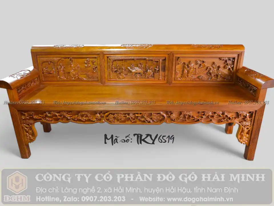 ghế trường kỷ đục nền tích tam quốc