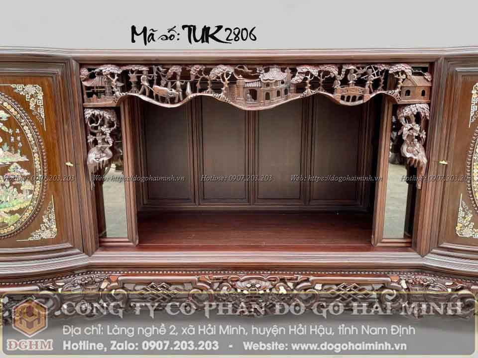 tủ chè cánh cong gỗ gụ khảm ốc tích văn vương cầu hiền