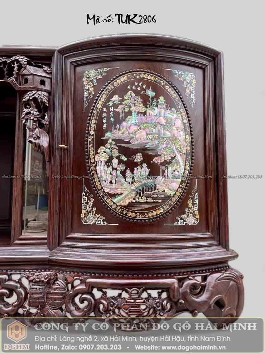 tủ chè cánh cong khảm ốc bệ đục ngũ phúc