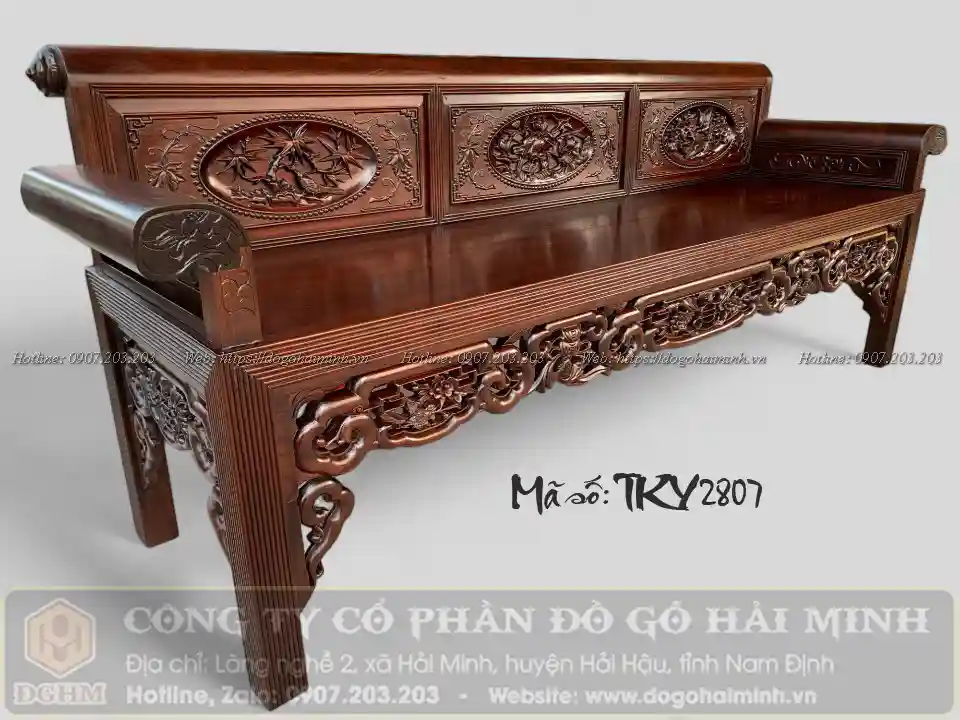 ghế trường kỷ sen vịt tứ quý vai cuốn xoắn ốc