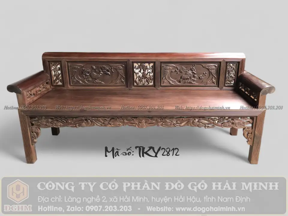 ghế trường kỷ đục tích cúc kê gỗ gụ đánh chay giả cổ