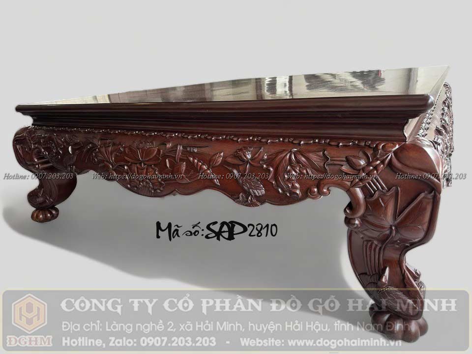 sập chân quỳ đục sen vịt gỗ gụ