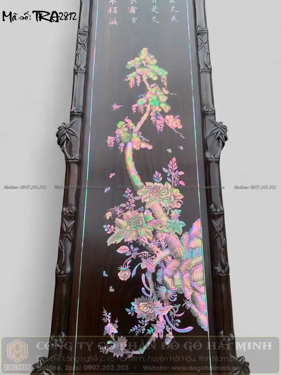 tranh khảm ốc đỏ tứ quý gỗ gụ ta