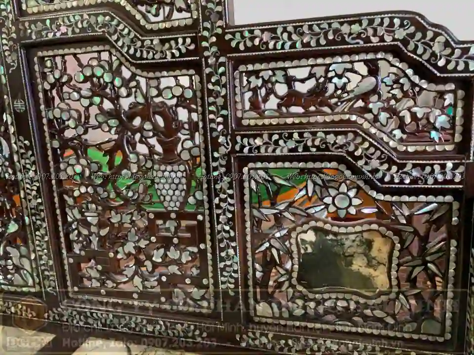 mẫu trường kỷ ngũ sơn đại cẩn ốc gỗ gụ