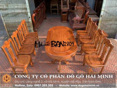 bàn ăn oval 8 ghế gỗ gõ