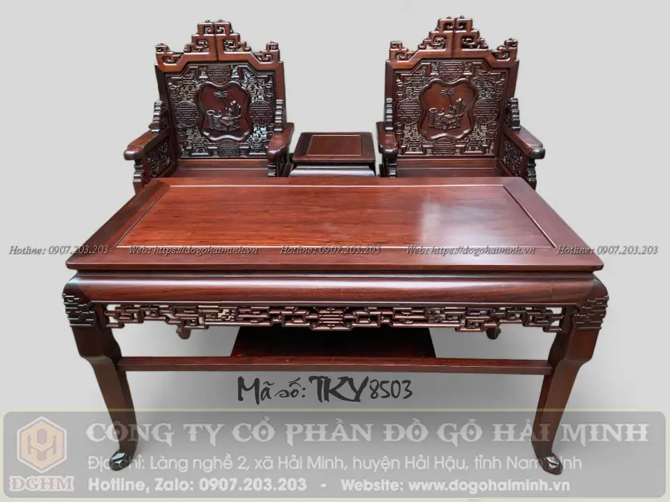 bàn ghế trường kỷ đục cổ đồ 6 món