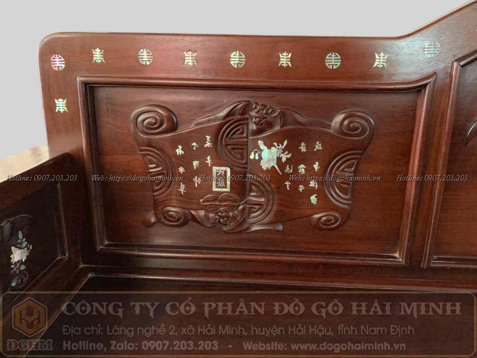 trường kỷ tam sơn cuốn thư cẩn ốc gỗ gụ