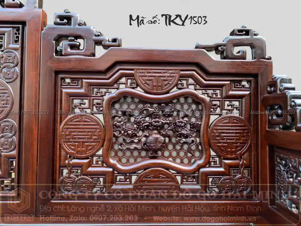 ghế trường kỷ đục ngũ lân vờn cầu gỗ gụ