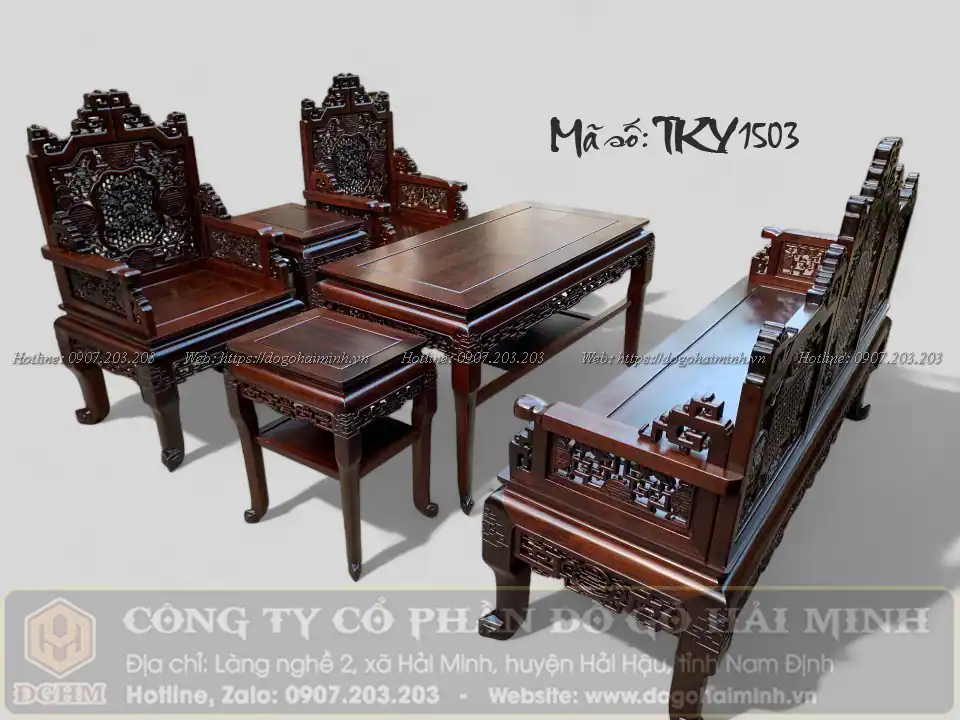 trường kỷ đục ngũ lân 6 món gỗ gụ