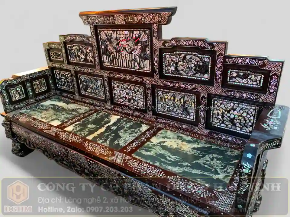 trường kỷ ngũ sơn khảm tứ diện ốc đỏ đẹp