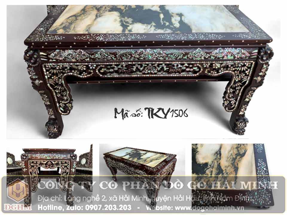 bàn mặt đá tự nhiên khảm ốc trong bộ trường kỷ tam sơn khảm ốc