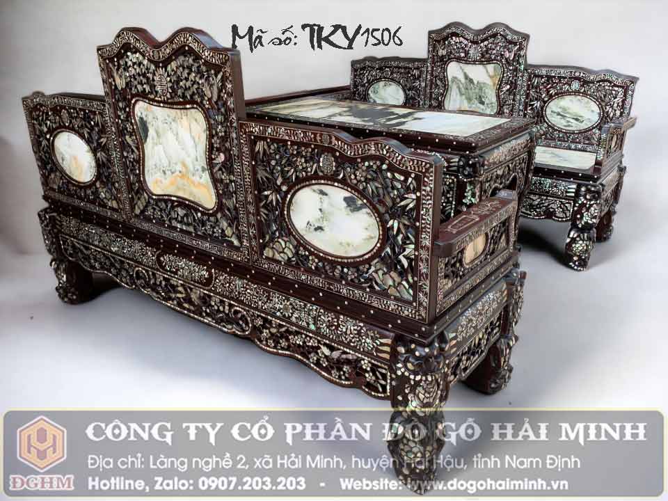 trường kỷ tam sơn khảm ốc đỏ tứ diện mặt đá tự nhiên