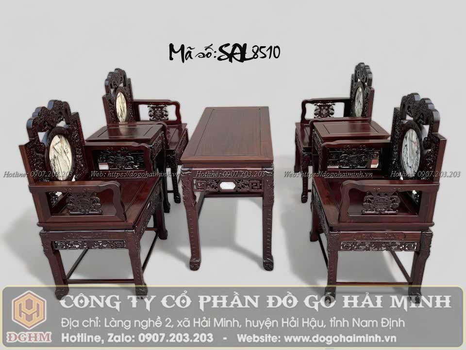 bàn ghế vách tàu chạm hoa mai