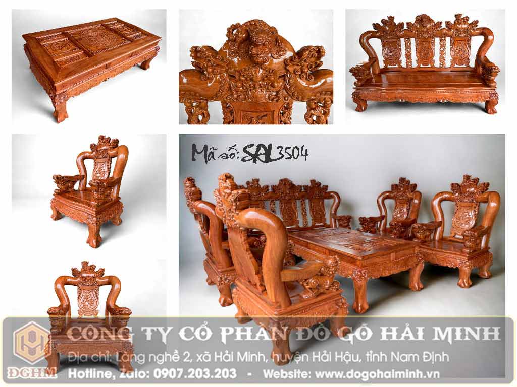 bộ bàn ghế phòng khách đục nghê cột 16 gỗ hương