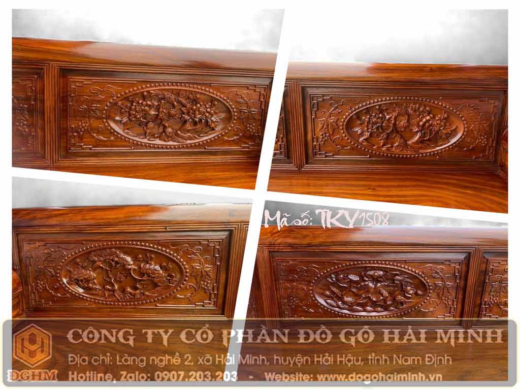 lô đục tứ quý trong bộ ghế trường kỷ gỗ lim nam phi