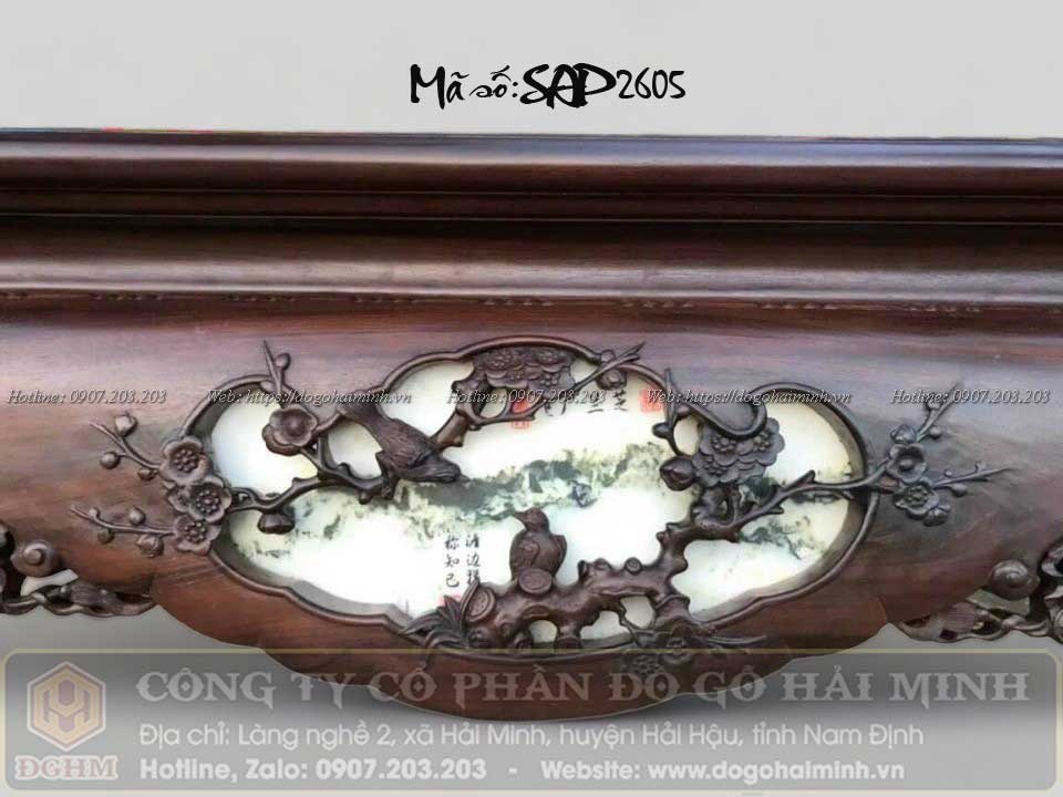 sập châm quỳ gỗ gụ 3 bông đục chim hoa