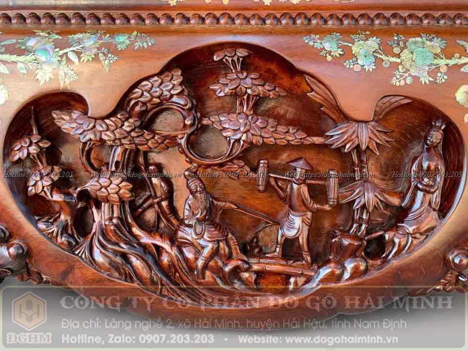 sập đục 3 bông gỗ gụ khảm ốc