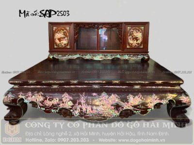 sập khảm tích văn vương cầu hiền gỗ gụ ốc đỏ đẹp