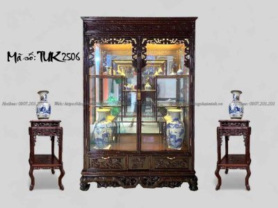 tủ bày đồ đục trúc quân tử gỗ gụ