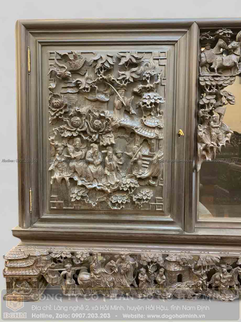 tủ chè gỗ gụ đục tích văn vương cầu hiền