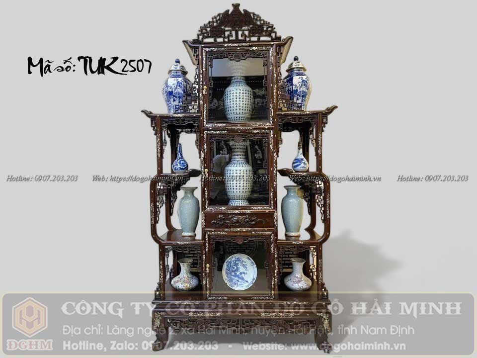 tủ trưng bày đục ngũ phúc kim tiền gỗ gụ khảm ốc