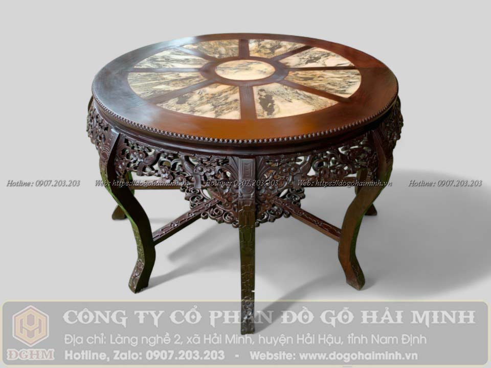 bàn tròn đường kính 120cm đục hoa mai mẫu cổ gỗ gụ