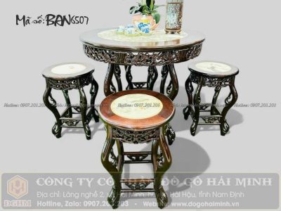 bộ bàn tròn 4 ghế mặt đá tự nhiên gỗ gụ