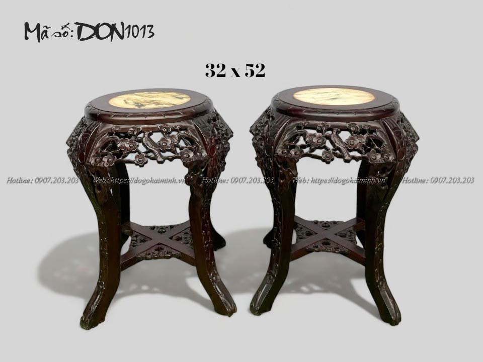 ghế đôn tròn cổ thấp đục hoa mai mặt đá