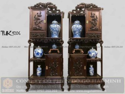 tủ đục rồng bày đồ dáng cổ gỗ gụ