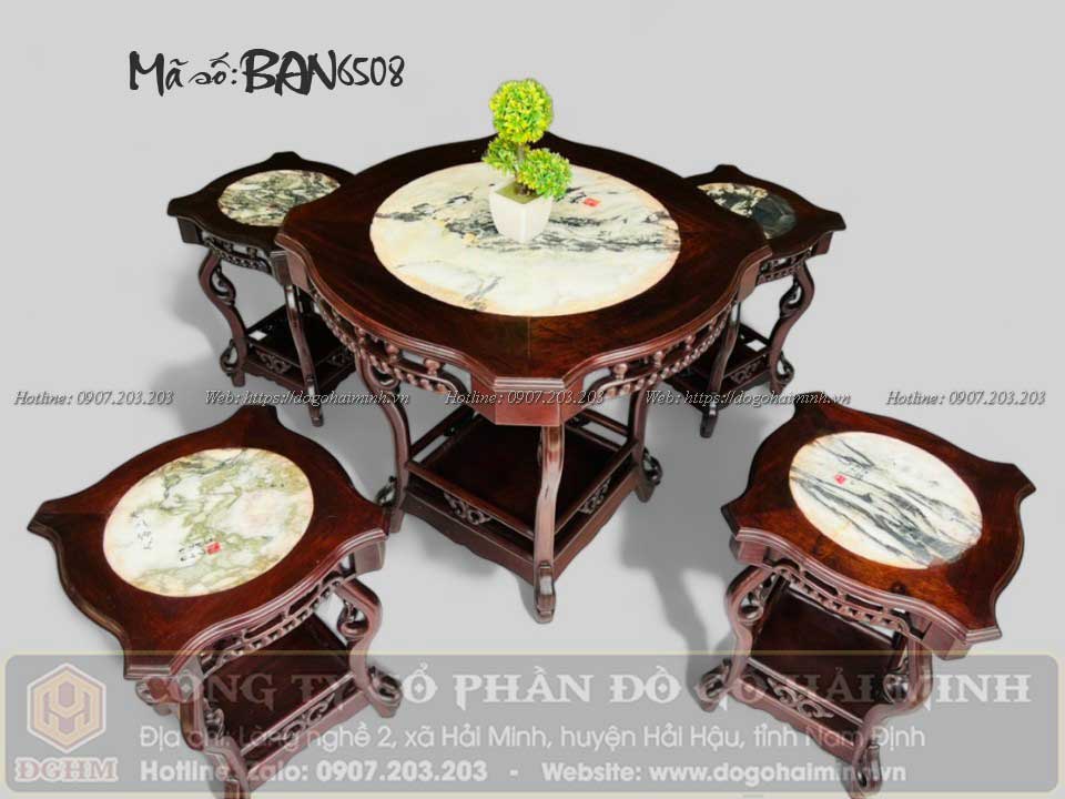 bàn trà ghế đôn 4 ghế gỗ gụ mẫu cổ