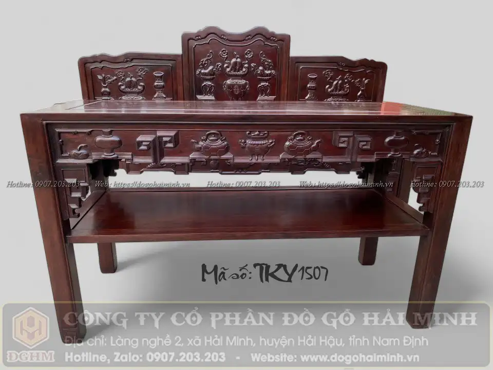 bàn ghế trường kỷ tam sơn đục cổ đồ