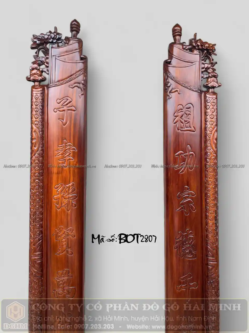 câu đối gỗ gụ ta đục mai hoá