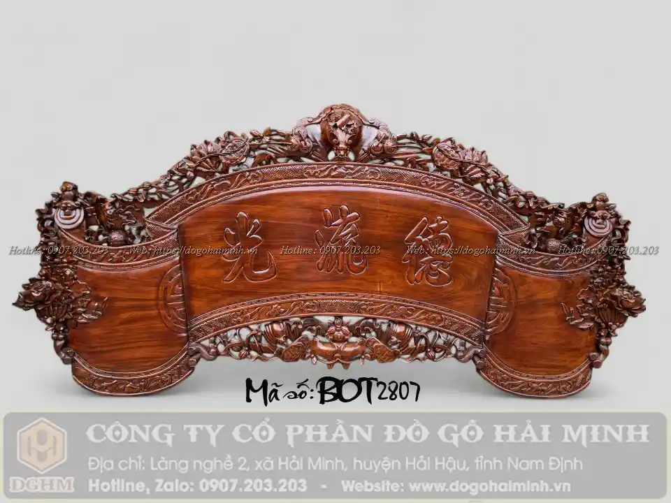 cuốn thư gỗ gụ ta đục ngũ phúc ngậm kim tiền