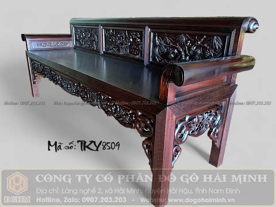 ghế trường kỷ 1m97 đục tứ quý tràn gỗ gụ