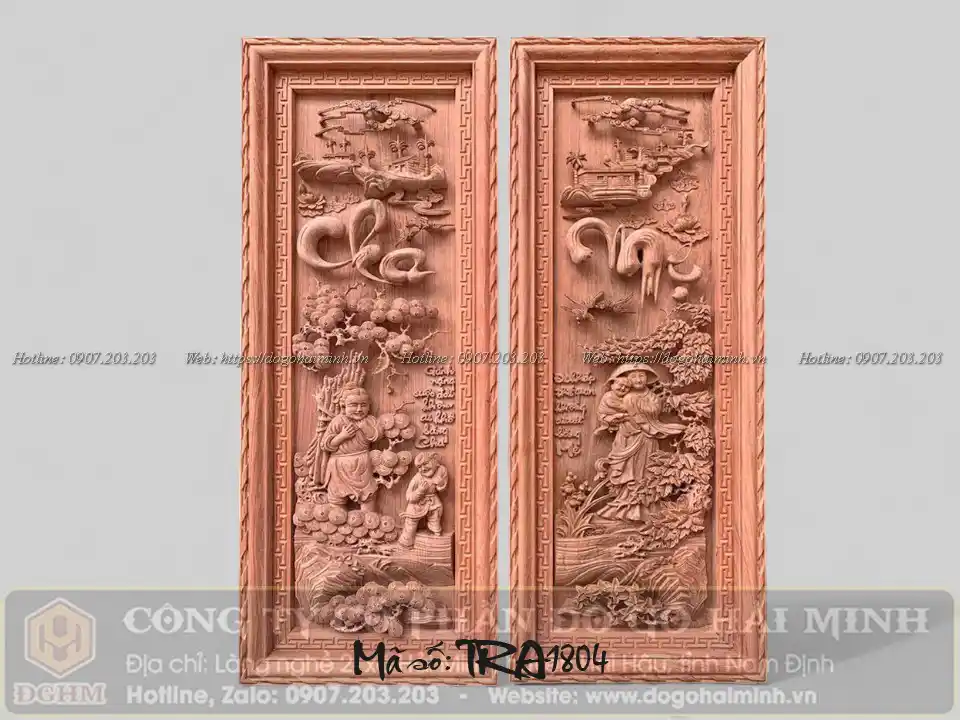 tranh câu đối cha mẹ gỗ hương đá