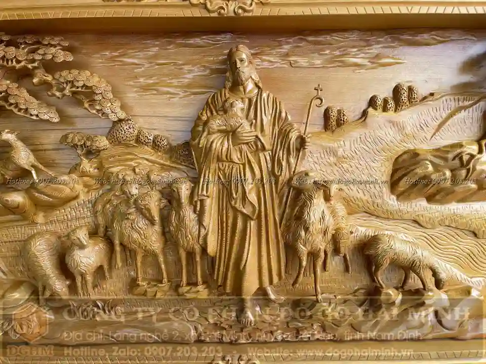 tranh chúa chiên lành gỗ gõ đỏ