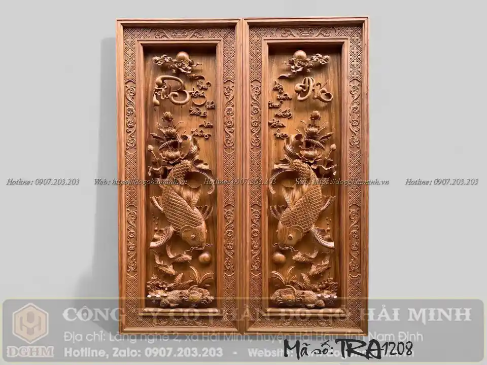 tranh lý ngư vọng nguyệt gỗ hương đá đục đẹp